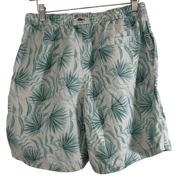Spicy Tuna Swim Shorts Mens Size Medium Pockets Tropical Print White Green - Picture 4 of 7